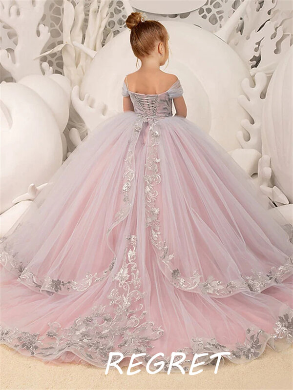 Off The Shoulder Pink Flower Girl abiti per il matrimonio 2022 Princess Appliques Ball Gown a strati Luxury Kids Birthday Party Gown