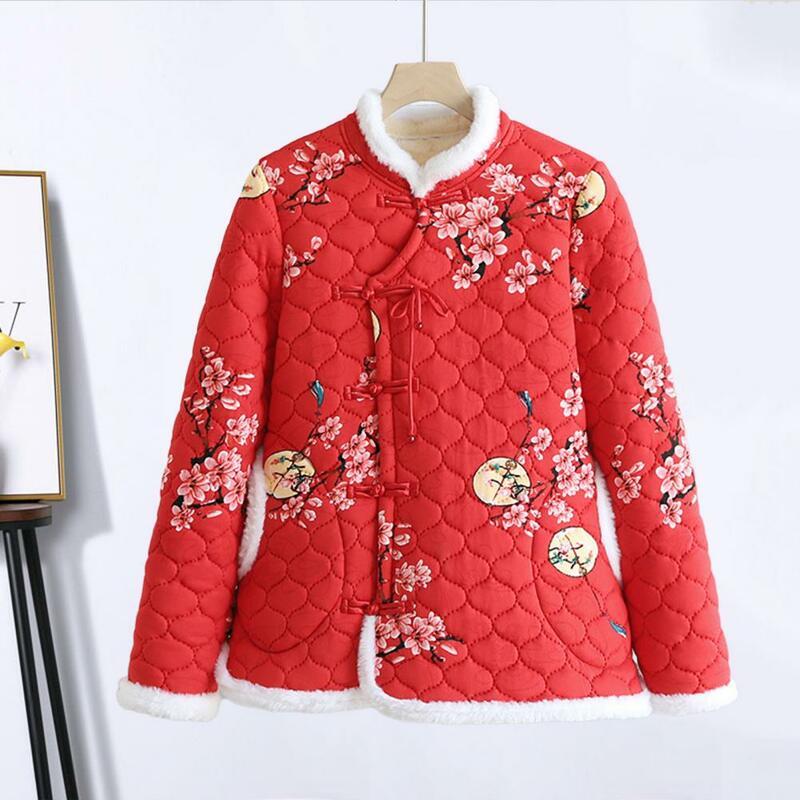 Женская осенне-зимняя куртка с хлопковой подкладкой в китайском стиле пальто с цветочным узором и дисковыми пуговицами утепленная верхняя одежда с флисовой подкладкой