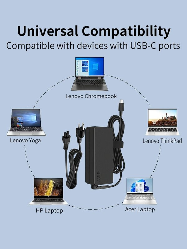 65W Notebook USB tipe-c adaptor daya persegi cocok untuk Lenovo ThinkPad HP Dell Chromebook Laptop kabel adaptor catu daya