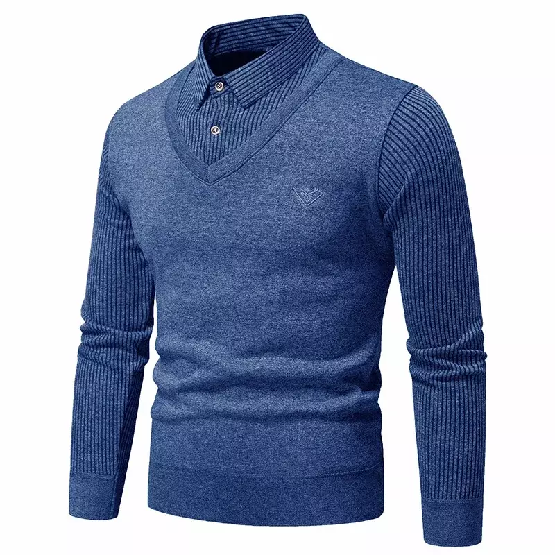 Autumn and Winter New Men's Fake Two Piece Sweater with Fleece and Slim Fit Polo Collar Knitted Bottom Shirt Thickened and Warm