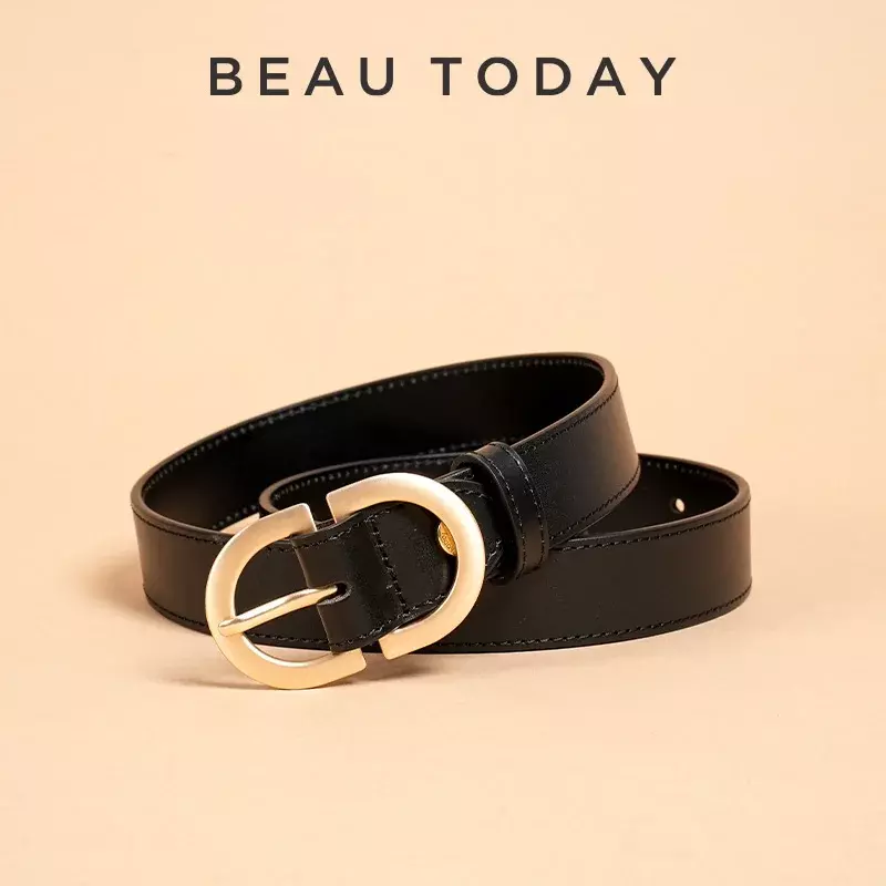 BEAUTODAY Belt Women Genuine Cow Leather Metal Oval Buckle Retro Simple Solid Ladies Jeans Dress Waistband Handmade 91012