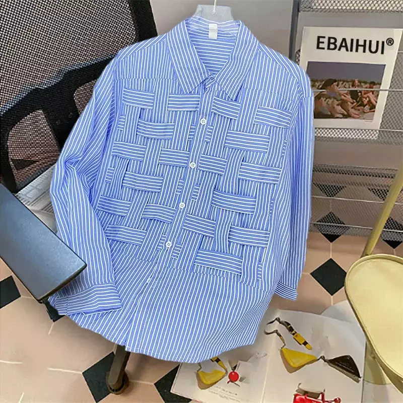 EBAIHUI Women Solid Hollow Out Shirts Lapel Long Sleeve Loose Waist Fashion Patchwork Blouse Female Chic Casual Poly Shirt 2024