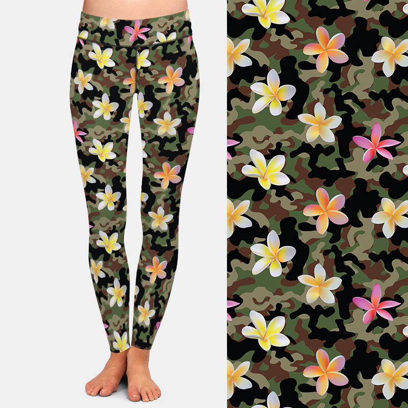 Letsfind 3D Woodland Camo Patroon Met Tropische Bloemen Print Vrouwen Hoge Taille Broek Fitness Slim Soft Stretch Leggings