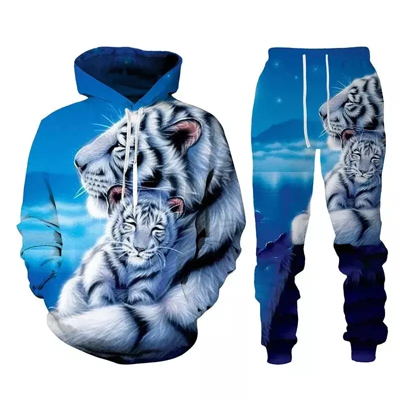 Setelan Hoodie pria motif hewan harimau, celana panjang Hoodie kasual bertudung untuk pria