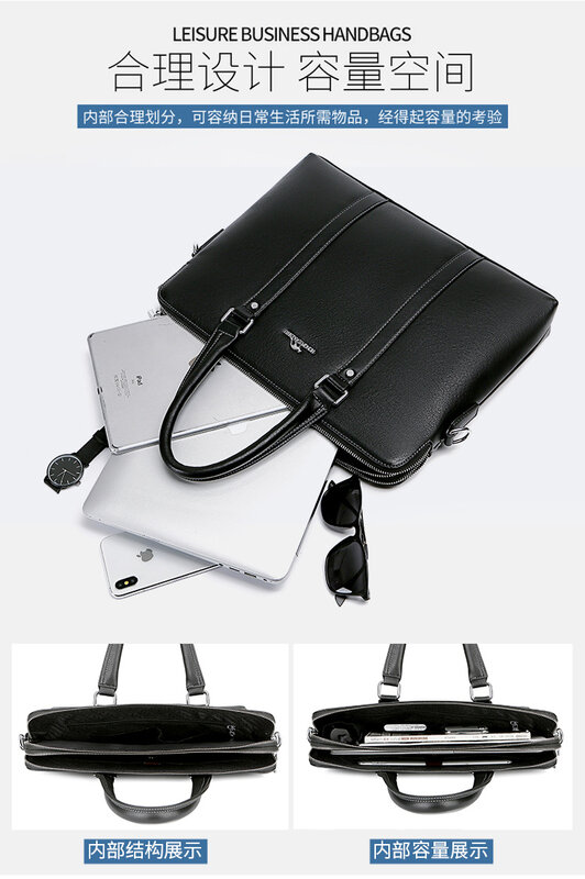 Men Briefcase Double Zipper Genuine Leather Shoulder Bag 14 Inch Laptop Bag Large Capacity Male Business Handbag Travel Bag