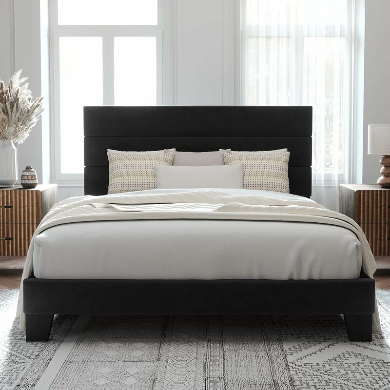 Marco de cama de plataforma de tamaño completo, cabecero tapizado de terciopelo y soporte de tira de madera, fácil de montar, negro