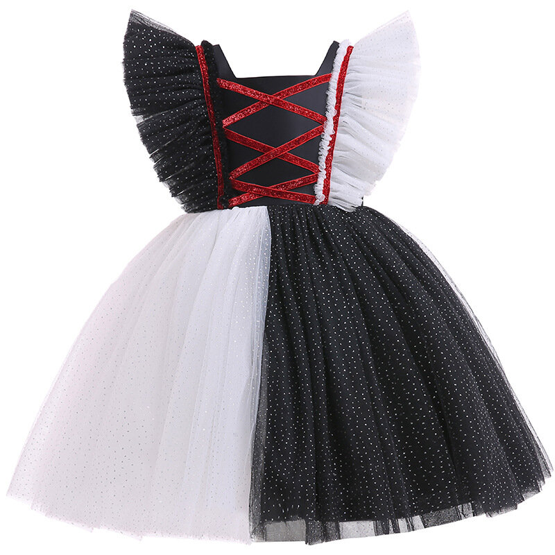 Cruella de Vil Cosplay para crianças, vestido Disney para menina, preto e branco, conjunto de roupas de festa, roupas Halloween
