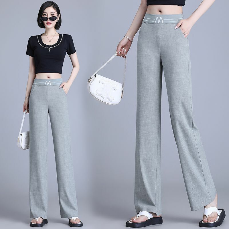 Ice Silk Cotton Linen Narrow Wide-Leg Pants Women's Summer office Pants Female Thin High Waist Slimming Suit Casual Pants