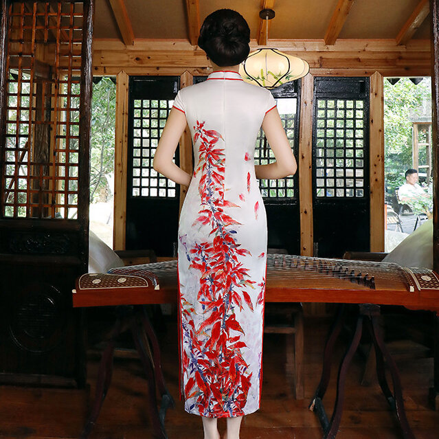 Mandarin Collar SATIN Cheongsam Print Flower Women Vintage Button Evening Party Dress Short Sleeve Sexy Split Qipao Vestidso