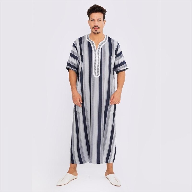 Camisa de manga corta para hombre, Túnica étnica musulmana, ropa árabe larga de Oriente Medio