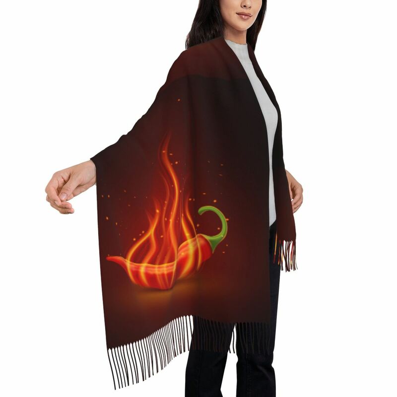 Bufanda con flecos de pila larga para hombre y mujer, pañuelo antifrío con estampado personalizado de chile rojo