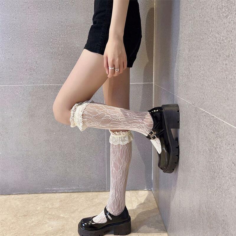 Эластичные японские однотонные женские Чулочные изделия для косплея принцессы Лолиты бриллиантовые носки до икры с оборками