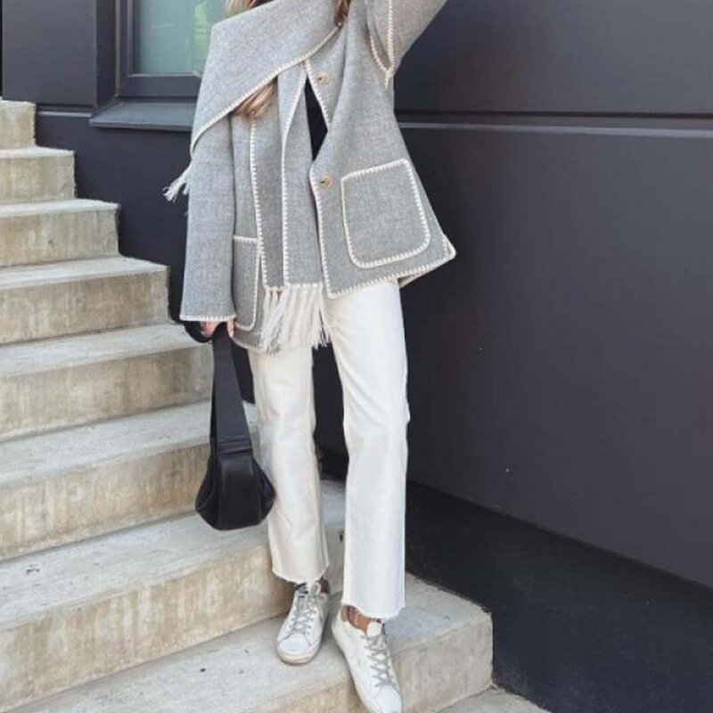 Elegant Loose Women Coat with Scarf Fashion Long Sleeve Pocket Single Breasted Female Coats 2024 Spring Autumn Lady Jacket