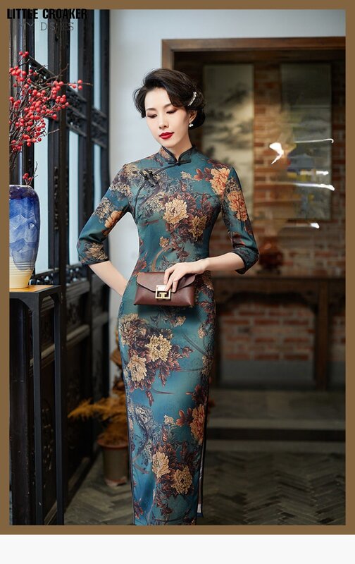 Frauen Chinesisch neue Chinoiserie Herbst Cheong sam Qipao modifiziert Qipao langes Kleid lange modifiziert Vintage