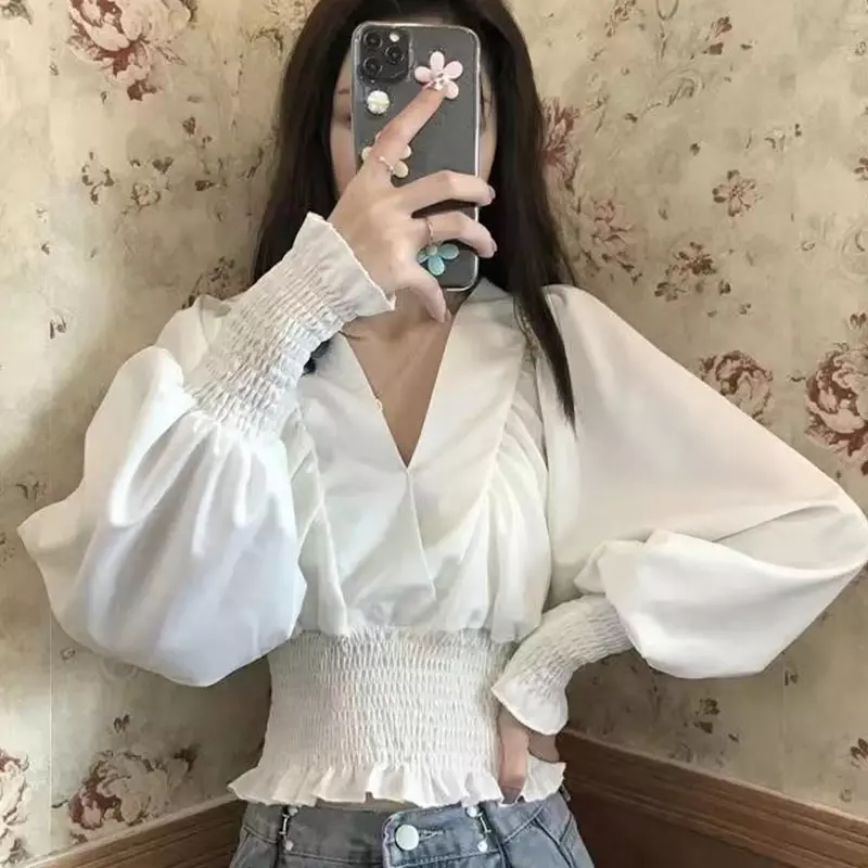 Autumn Korean Elegant Fashion Chic Sweet Aesthetic Shirt Women All Match Solid Color Loose Casual Long Lantern Sleeve V Neck Top