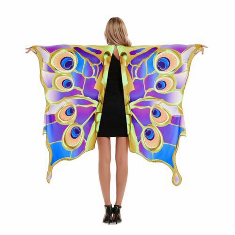 Mantel kupu-kupu untuk Jubah Cosplay pesta kostum gaun mewah dengan masker warna-warni dan ikat kepala jubah selendang sayap peri warna-warni