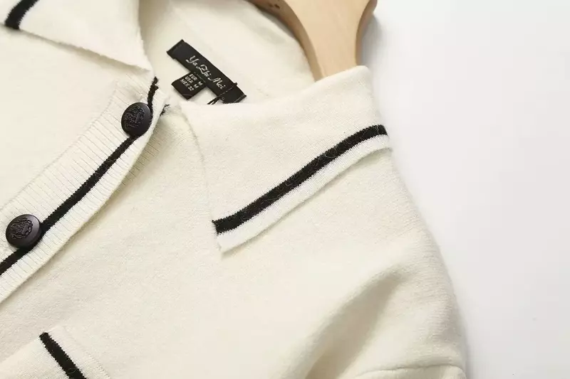 Requintado cardigã de malha de botões feminino, suéter manga curta, blusa chique, lapela retrô, nova moda, outono, 2023