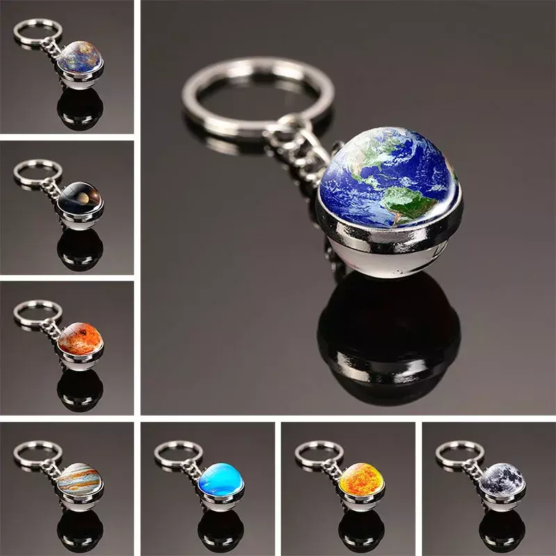 Porte-clés planète galaxie multicolore brille dans le noir, univers, bijoux astronomiques de l'espace, boule de verre