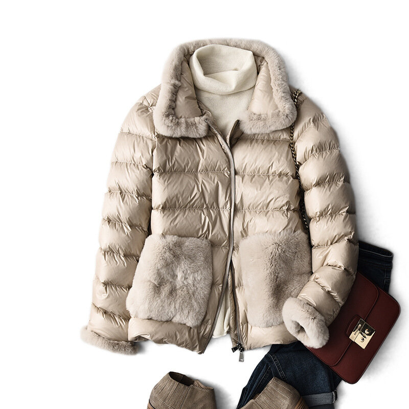 女性用の白いダックダウンコート,厚くて暖かい,ウサギの髪,短いジャケット,新しいファッション,冬
