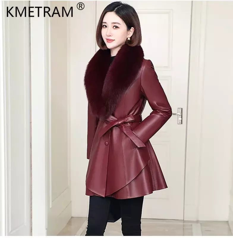 Prawdziwa skóra owcza płaszcz trencz dla kobiet 2023 zima jesień elegancka kurtka z prawdziwej skóry ciepłe puchowe płaszcze kołnierz z futra lisa