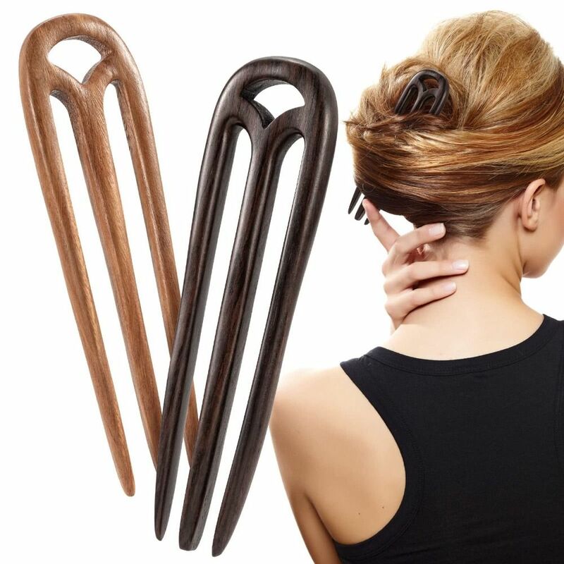 Wooden Hair Forks Fashion Ebony Sandalwood Handmade Carved French Hair Chopsticks Hair Accessory 3 Prong Hair Pins Women