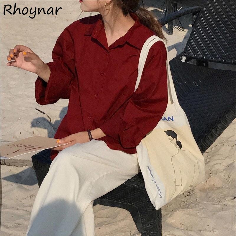 Solid Shirts Women Spring Girls Simple All-match Korean Fashion Baggy Retro Casual Lazy Style Trendy Streetwear Long Sleeve Cozy