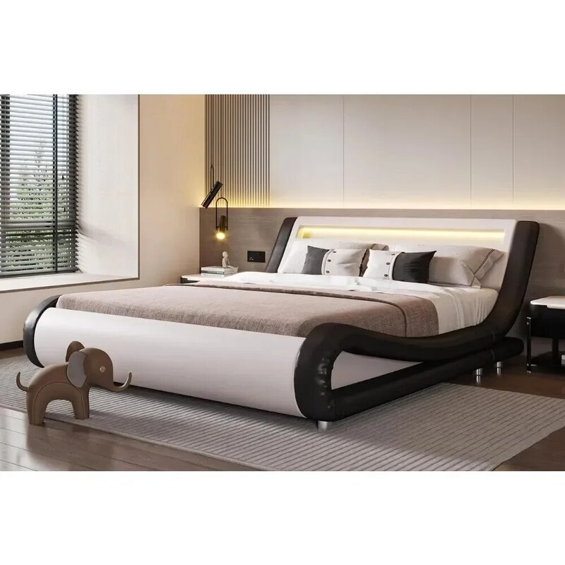 Bed Frame with Adjustable Headboard - Low-profile Sled Design, Sturdy Plank Support and Mattress