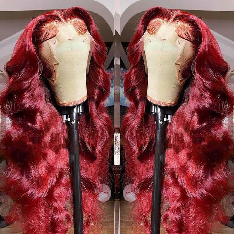 Peluca ondulada de encaje Frontal, cabello humano prearrancado, color rojo 99j, Borgoña, 13x4, 13x6, Hd, 360