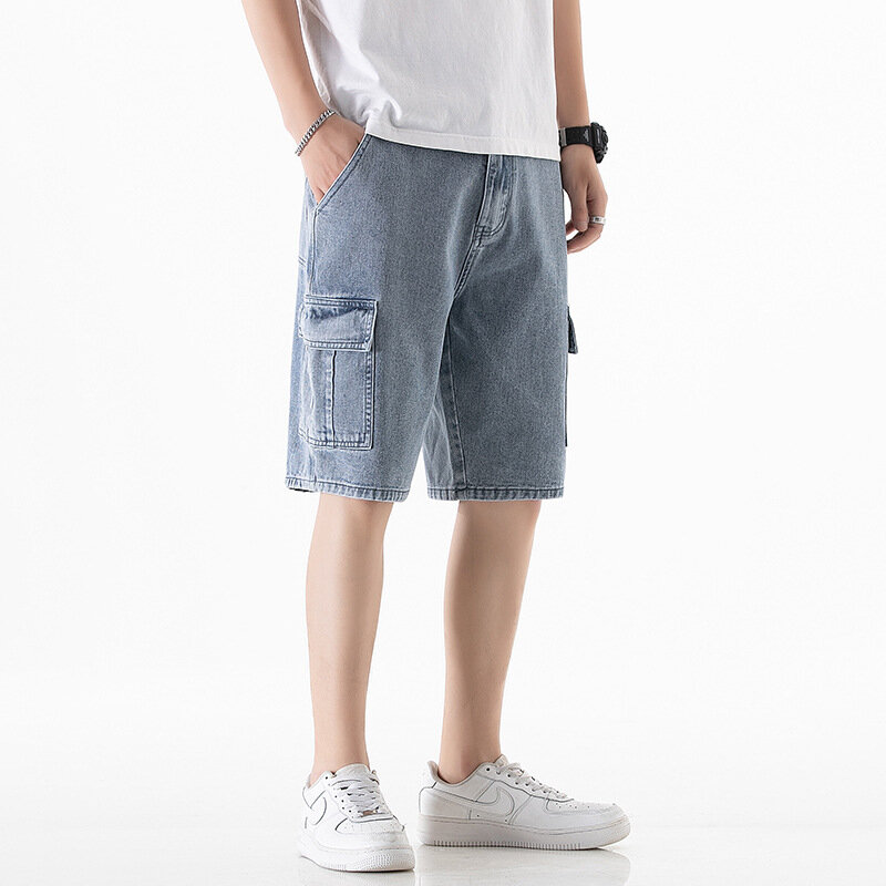 Pantaloncini estivi in Denim sottile con taglio aperto per marchio alla moda da uomo con fori nei pantaloni centrali a cinque punti, Casual larghi e dritti
