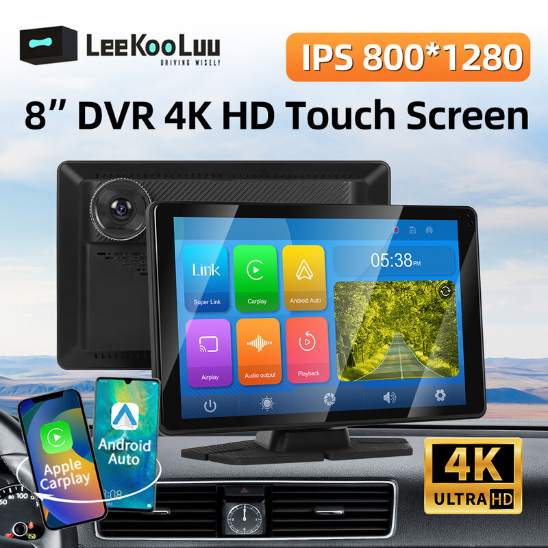 LeeKooLuu 8" Screen Wireless CarPlay Android Auto Bluetooth Apple Airplay Front 4k Camera DVR Car Rear Camera for Trucks Van