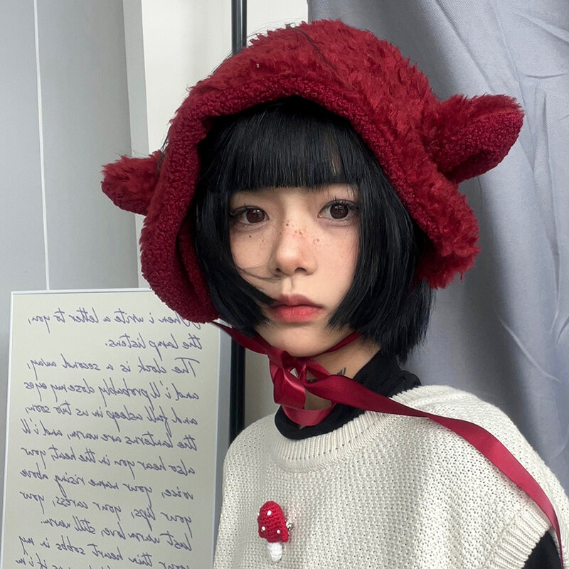 일본 귀여운 강아지 귀 봉제 귀마개, 여성용 따뜻한 다용도 뿔 스트랩, 귀 보호 비니 캡, 가을 및 겨울