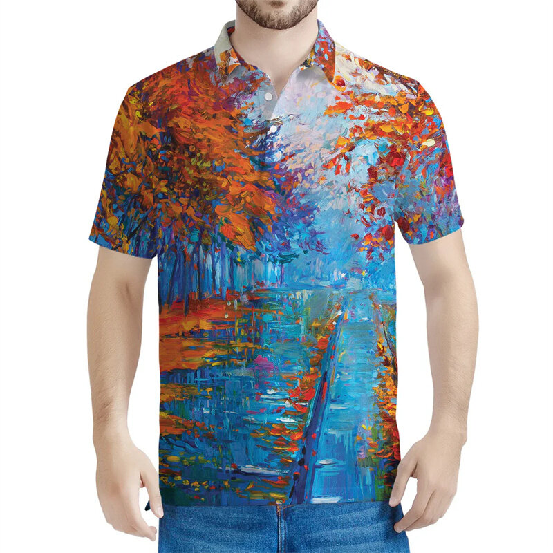 Kaus Polo motif 3D hutan musim gugur pria, kaus longgar berkancing pola lanskap lengan pendek musim panas