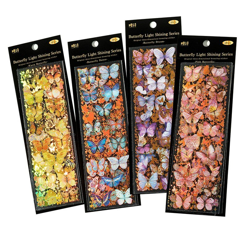 3 hojas de pegatinas de mariposa con purpurina, calcomanías decorativas impermeables para diario, cuaderno de recortes, diario, planificador