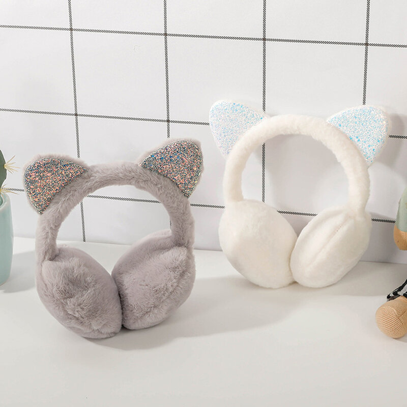 6 Color Child Cute Cat Ears Winter Outdoor Warm Earmuffs Cute Cat Ear Plush Earmuffs Shiny Sequin Soft Earflaps Headband for Kid
