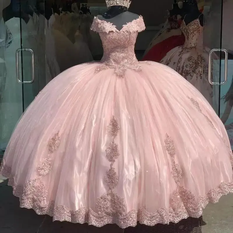 핑크 오프숄더 성인식 드레스, 레이스 아플리케, 구슬 장식 얇은 명주 그물, 신데렐라 생일 가운, 15 파티 패션