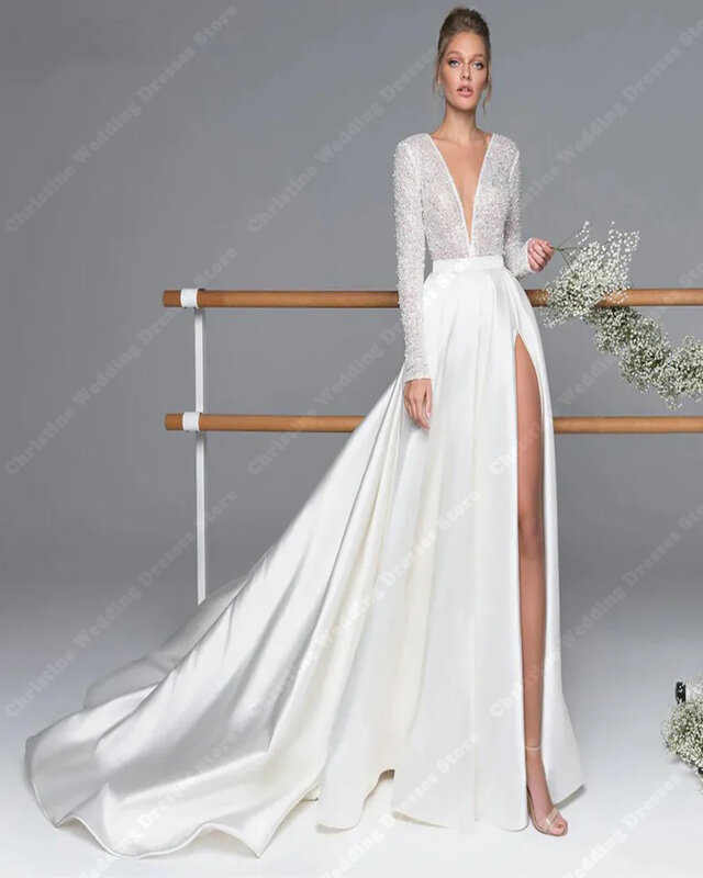 Vestido de novia de tela luminosa para mujer, traje Formal de manga larga con cuello en V profundo, corte en A, ideal para fiesta en la playa, 2024