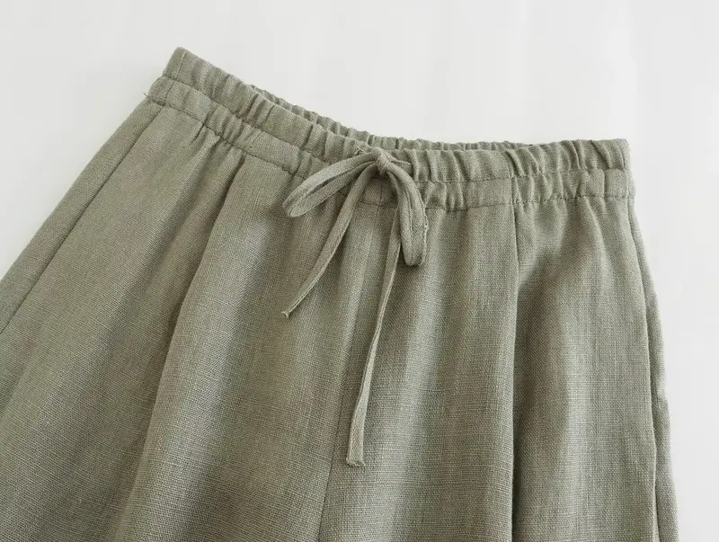 Calça de perna larga feminina, temperamento com cinto, versão de linho, colete com elástico na cintura, nova moda, 2024