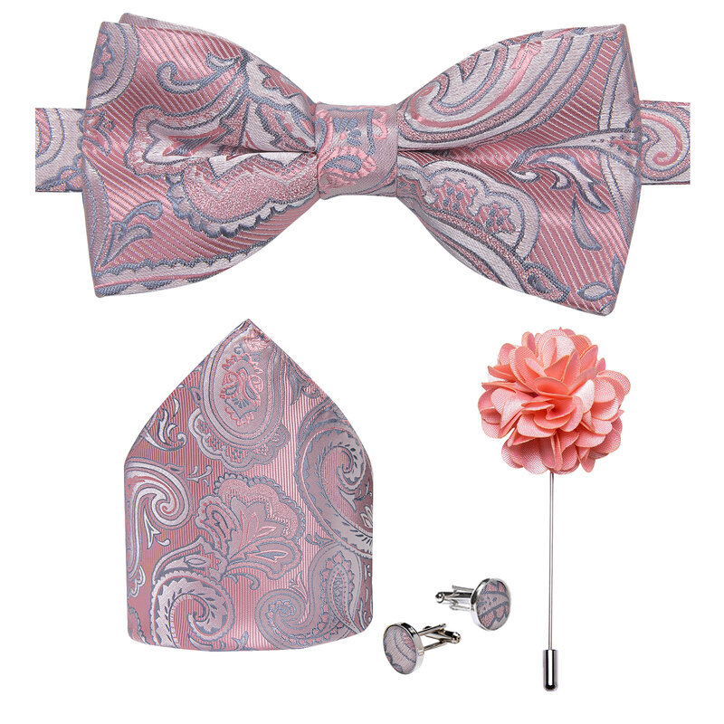 남성용 미리 묶은 나비 넥타이, 핑크 페이즐리 자카드 나비 매듭, 포켓 스퀘어 커프스 단추, 결혼식용 코르사주 세트, 신제품