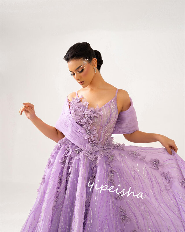 Organza Applique Draped Party Ball Gown Spaghetti Strap Bespoke Occasion Gown Long Dresses