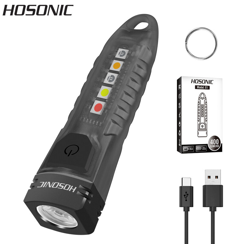 HOSONIC E1 LED Keychain Portable EDC Flashlight Work Light Type-C Rechargeable Mini Torch UV Camping Waterproof Pocket Lantern