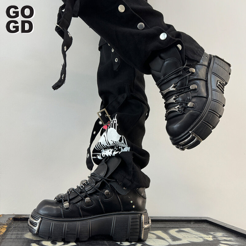 GOGD Sepatu Bot Pergelangan Kaki Platform Wanita Fashion Merek 2023 Sepatu Hak Tinggi Gaya Punk Gelap Baru Desain Dekorasi Logam Sepatu Gotik Y2k In