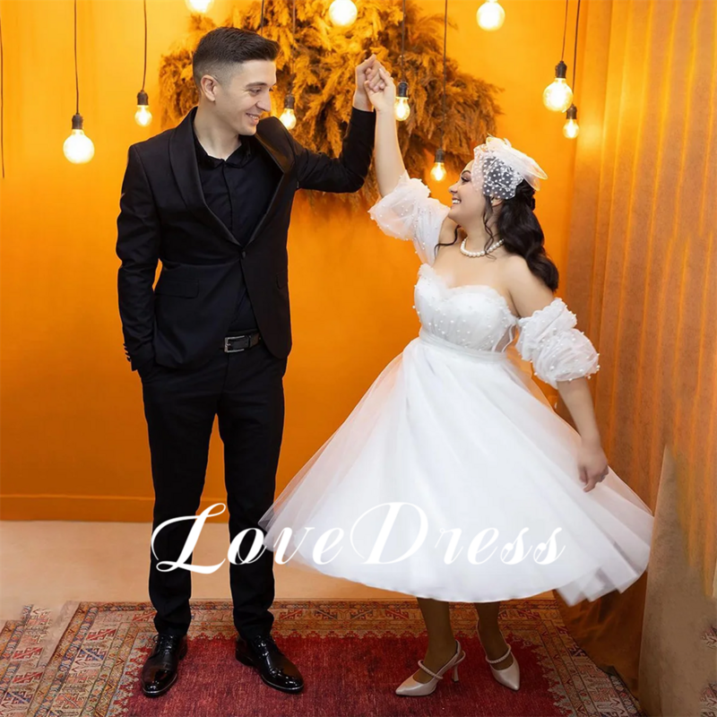 LoveDress-فساتين زفاف أنيقة من التل باللؤلؤ ، فساتين العروس على الكتف ، غطاء حبيبته ، كم قابل للإزالة ، طول الشاي