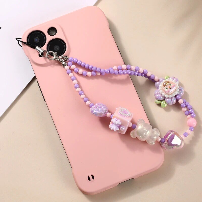 JOLanyard-Téléphone portable perlé anti-perte pour femmes et filles, téléphone portable en acrylique, fleur de dessin animé, nœud en forme de cœur, bijoux à la mode