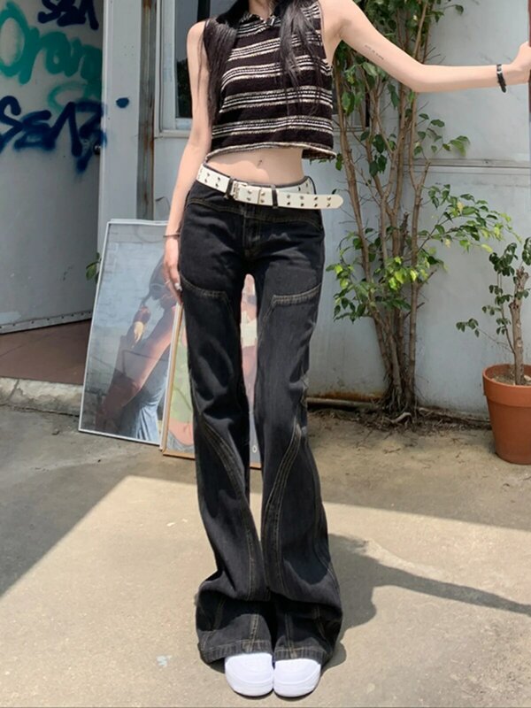 Women Black Gothic Flare Jeans Harajuku Y2k Japanese 2000s Style Baggy Denim Trousers Oversize Jean Pants Vintage Trashy Clothes