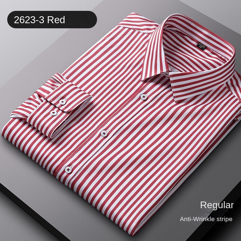 Camisa listrada vertical masculina, camisa casual stretch, temperamento de negócio, manga longa, botão pastel para cima, nova moda, 2024