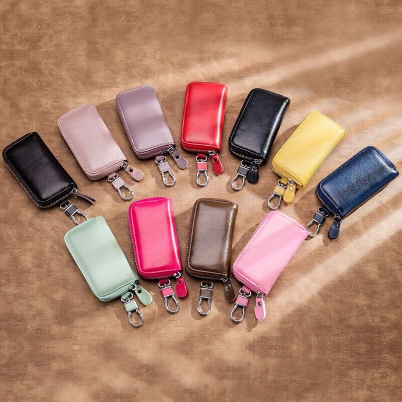 Genuine Leather Zippers Men's Multi-functionl Bag Women Key Holder  6 Keyrings Change Purse Wallet