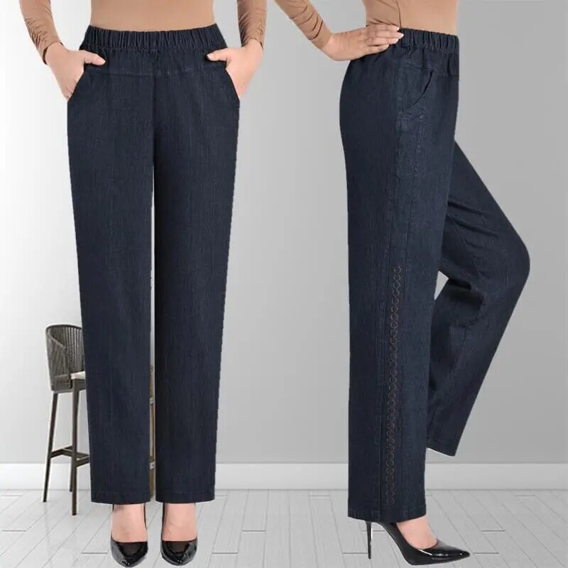 Damen jeans mittleren Alters Frühling Herbst hohe Taille plus Größe lose Jeans hose lässige weibliche Stretch-Taille gerade Bein Hose