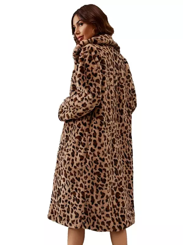Mantel panjang bulu palsu hangat untuk wanita, mantel panjang musim dingin motif macan tutul, jaket bulu berbulu tebal, pakaian luar mewah untuk wanita 2023