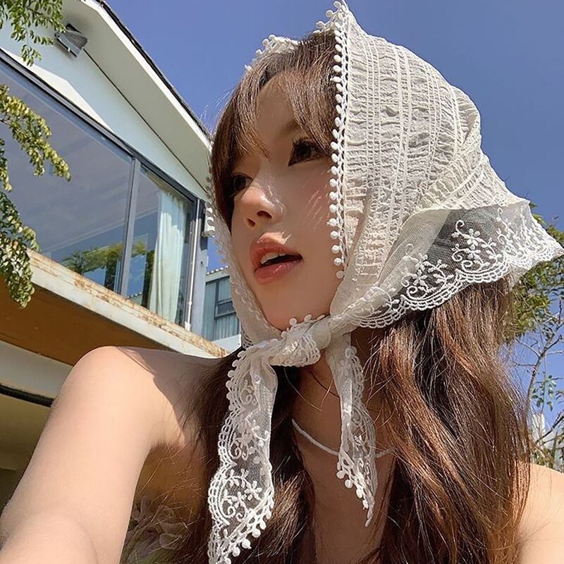 French Pastoral Style Headscarf Breathable Lace Fringe Headband Towel Triangular Sun Protection Headband Women