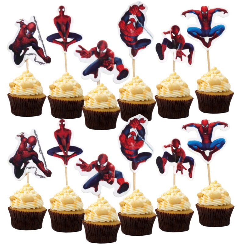 24Pcs Spiderman Cake Decorations Kids Boy Favor Party Cake Topper Decorates Baby Shower Superhero Cupcake Toppers Decor Supplies
